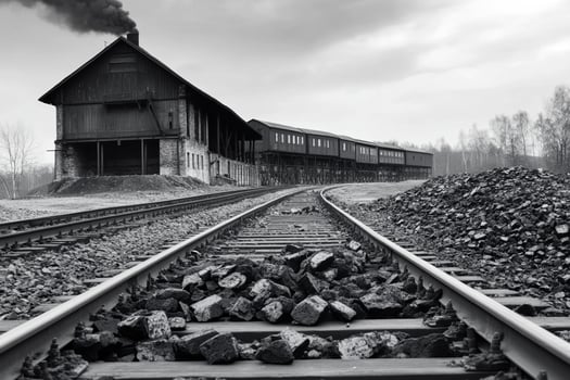 Black and white photo of a train track with a building in the background