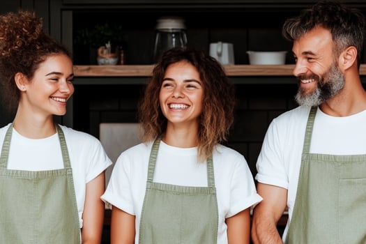 Three people in aprons standing in a kitchen photo