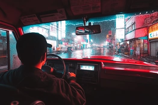 A man driving a car at night on a rainy street photo