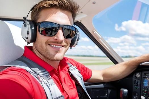 A man in sunglasses and a red shirt is sitting in the cockpit of a small airplane photo