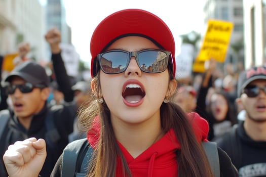 A woman with a red hat and sunglasses is shouting photo
