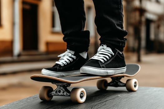A person standing on a skateboard with their feet on the ground photo