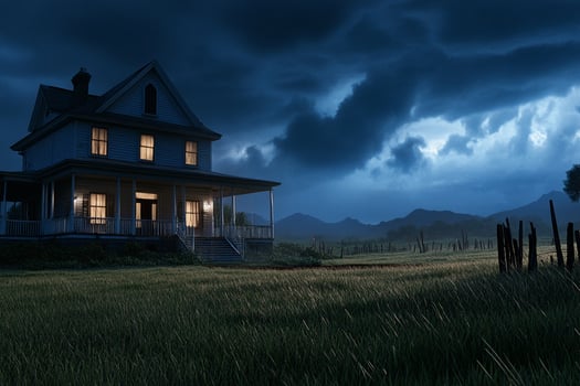 A house in the middle of a field with storm clouds photo