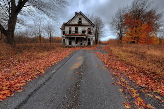 An abandoned house sits on a country road photo