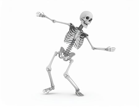 Festive skeleton performing lively dance against a plain white backdrop, showcasing a cheerful X-ray view with stylish poses photo