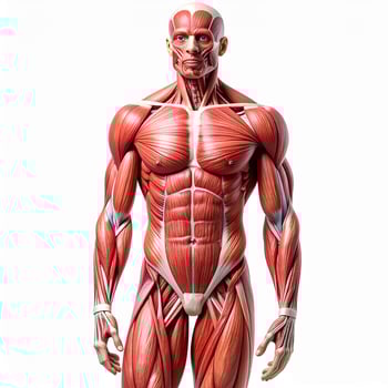 Front view of a male's muscular anatomy on a white background, showcasing muscles beneath the skin. photo