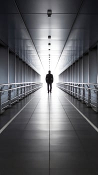 A solitary man on a lengthy bridge or road, reflecting solitude and introspection photo