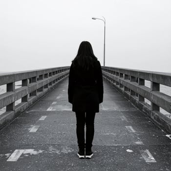 A woman walking alone along a lengthy bridge or road, symbolizing solitude and reflection photo