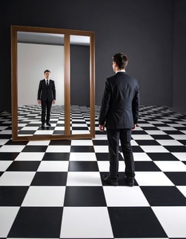 Elegant man in formal attire gazing into a mirror that shows a bizarre reflection, eerie conceptual scene photo