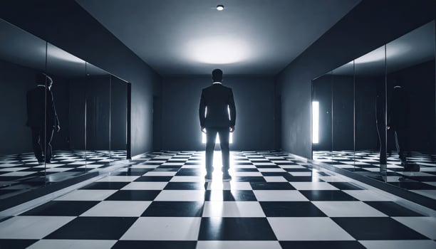 Businessman in formal attire gazing at an unusual reflection in a mirror amid a checkerboard floor, eerie and surreal scene photo