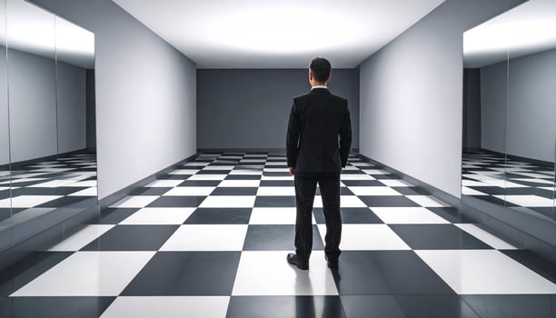 A suited man gazing into a mirror with an eerie reflection on a checkered floor, part of a surreal horror scene photo