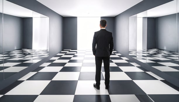 A suited man gazes into a mirror with a strange reflection in a surreal, horror-inspired setting on a checkered floor. photo
