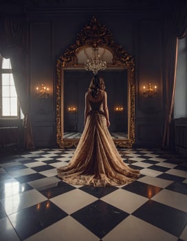 A woman in an elegant evening gown gazes into a mirror showing a bizarre reflection on a checkered floor, creating a surreal horror atmosphere. photo
