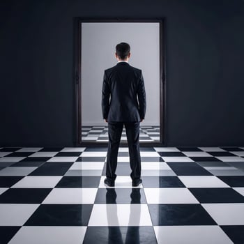 A suited man gazes into a mirror with a bizarre reflection, set against a checkered floor in a surreal horror scene. photo