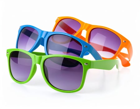 Vibrant tinted sunglasses displayed against a white backdrop, symbolizing summer holiday vibes photo