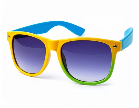 Brightly tinted sunglasses on a plain white backdrop, summer getaway vibe photo