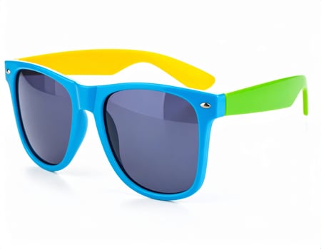 Brightly tinted sunglasses against a white backdrop, evoking summer getaway vibes photo