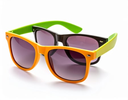Vibrant tinted sunglasses against a plain white backdrop, ideal for summer getaways photo
