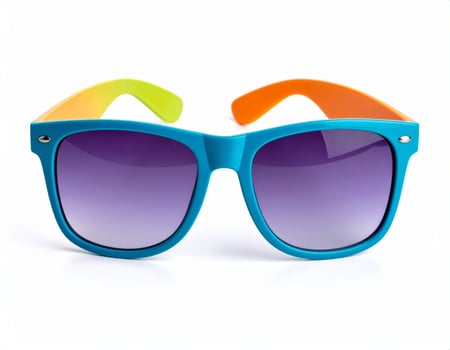 Vibrant tinted sunglasses displayed against a plain white backdrop, evoking a summer getaway vibe photo
