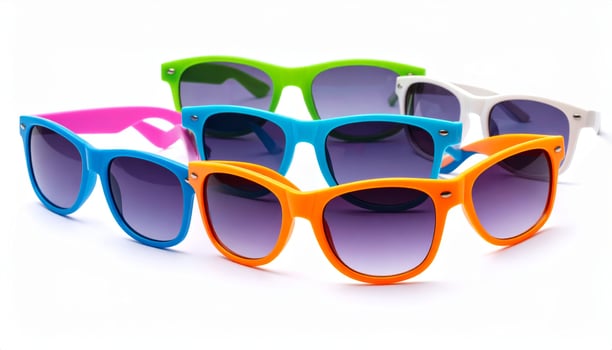 Brightly tinted sunglasses against a plain white backdrop, evoking a summer getaway feel. photo