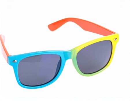 Vibrant tinted sunglasses against a plain white backdrop, evoking summer holiday vibes photo