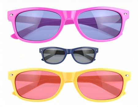 Vibrant tinted sunglasses against a plain white backdrop, evoking a summer getaway mood photo