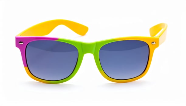 Colorful fashionable sunglasses on a white backdrop, summer holiday vibe photo