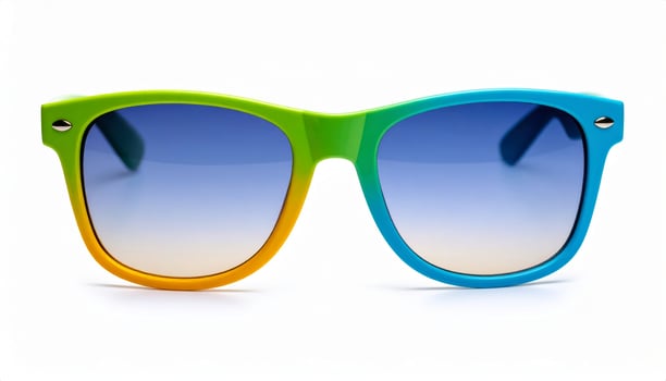 Brightly tinted sunglasses on a plain white backdrop, evoking summer getaway vibes photo