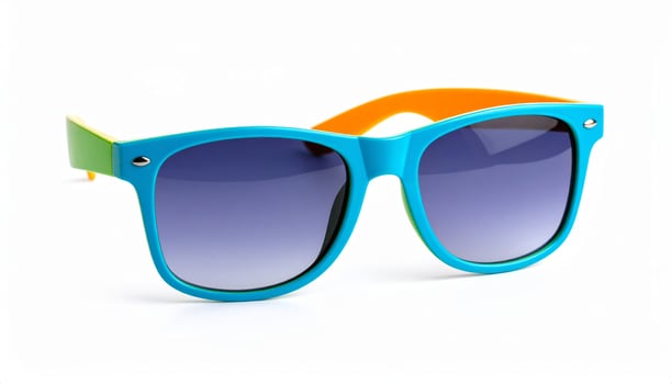 Vibrant tinted sunglasses against a plain white backdrop, evoking a summer holiday vibe photo