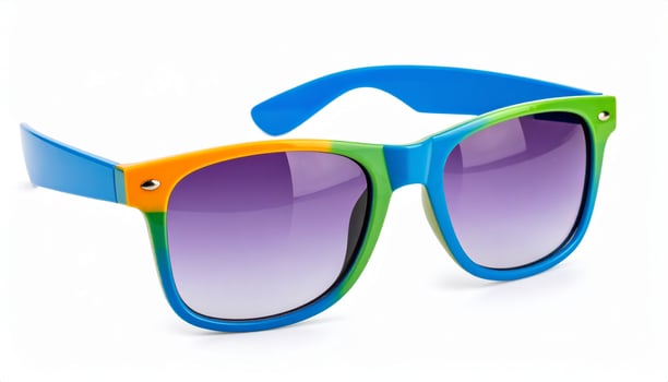 Vibrant tinted sunglasses against a white backdrop, perfect for summer trips photo