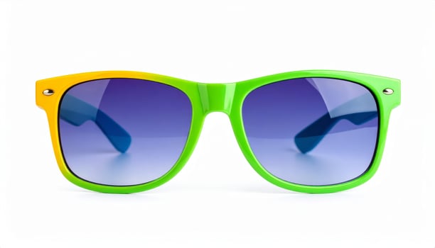 Vivid tinted sunglasses set against a white backdrop, summer getaway vibe photo