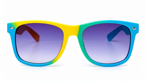 Vibrant sunglasses against a white backdrop, perfect for summer getaways photo