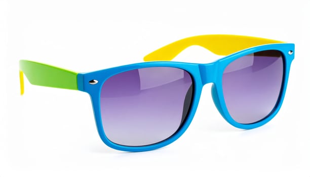 Vivid tinted sunglasses displayed against a white backdrop, evoking summer getaway vibes photo