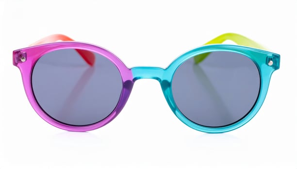 Vibrant tinted sunglasses on a white backdrop, summer holiday theme photo