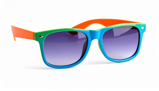 Vibrant tinted sunglasses against a white backdrop, summer holiday vibe photo