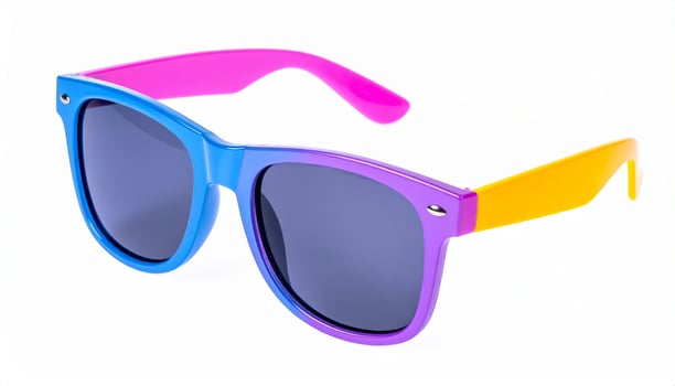 Brightly tinted sunglasses on a plain white backdrop, perfect for summer getaway vibes photo