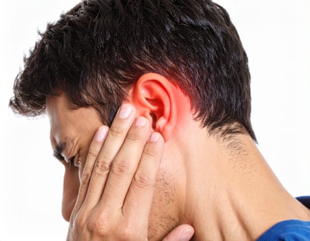 Highlighted area showing ear discomfort extending to surrounding regions, depicted as a glowing spot within a semi-transparent head outline on white background photo