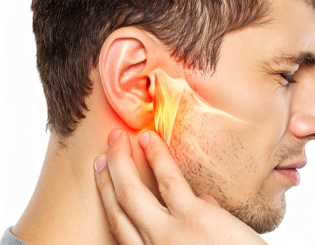 Radiating ear pain depicted as a glowing spot inside a semi-transparent head on a white backdrop. photo