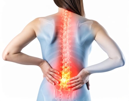 Illuminated area indicating back pain spreading nearby, shown as a glowing spot within a semi-transparent back on a white backdrop photo