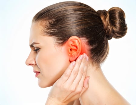 Shining spot inside a semi-transparent head indicating nearby ear pain against a white backdrop photo