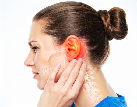 Radiating ear pain depicted as a glowing spot within a semi-transparent head on a white background photo