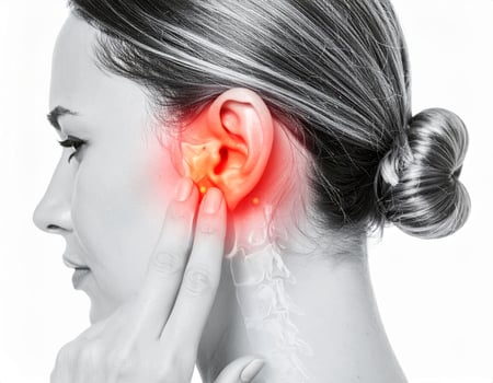 Tingling sensation spreading from the ear, shown as a glowing area inside a semi-transparent head on a white background. photo