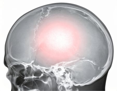 Localized headache with radiating pain shown as a glowing spot inside a semi-transparent head on a white backdrop photo