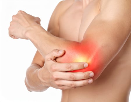 Elbow pain radiating in the nearby area, illustrated as shining spot in half transparent arm, over white background photo