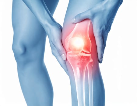 Knee pain radiating in the nearby area, illustrated as shining spot in half transparent knee, over white background photo