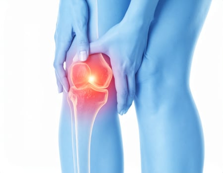 Highlighted area of knee pain spreading to surrounding regions, shown as a glowing spot within a semi-transparent knee diagram on a white backdrop. photo