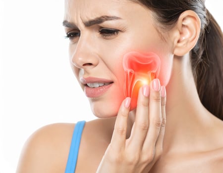 Highlighted area showing a spreading toothache within a semi-transparent head graphic on a white background. photo