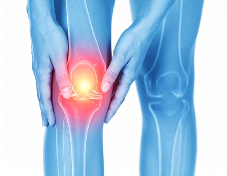 Highlighted area of knee pain spreading to surrounding regions, depicted as a glowing spot within a semi-transparent knee on a white backdrop photo