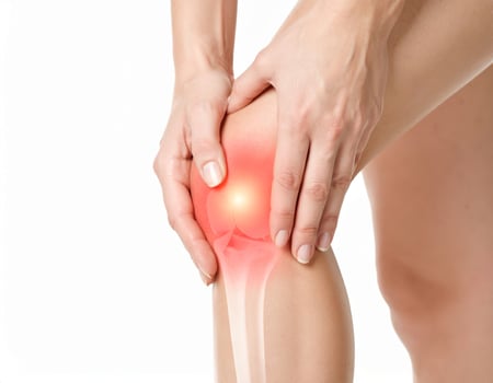 Highlighting localized knee discomfort shown as a bright spot within a semi-transparent knee illustration against a white backdrop photo