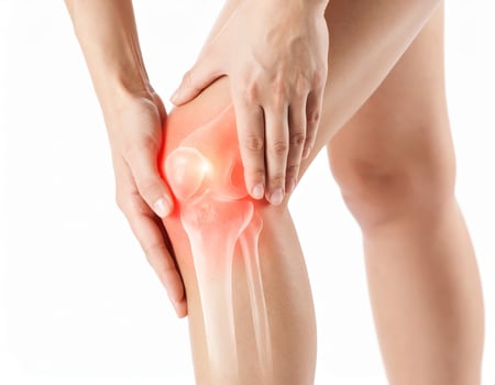 Highlighted area showing knee pain spreading to surrounding regions, depicted as a bright spot within a semi-transparent knee on a white backdrop photo